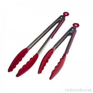 BLANCHE ZHU Kitchen Tongs Set - Salad & Grill Stainless Steel Serving Tongs with Silicone Tips - 9&12 (Red) - B01CZ6F9V6